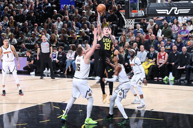 SALT LAKE CITY, UT - APRIL 9: Luka Samanic #19 of the Utah Jazz shoots the ball during the game against the Denver Nuggets on April 9, 2024 at Delta Center in Salt Lake City, Utah. NOTE TO USER: User expressly acknowledges and agrees that, by downloading and or using this Photograph, User is consenting to the terms and conditions of the Getty Images License Agreement. Mandatory Copyright Notice: Copyright 2024 NBAE (Photo by Melissa Majchrzak/NBAE via Getty Images)