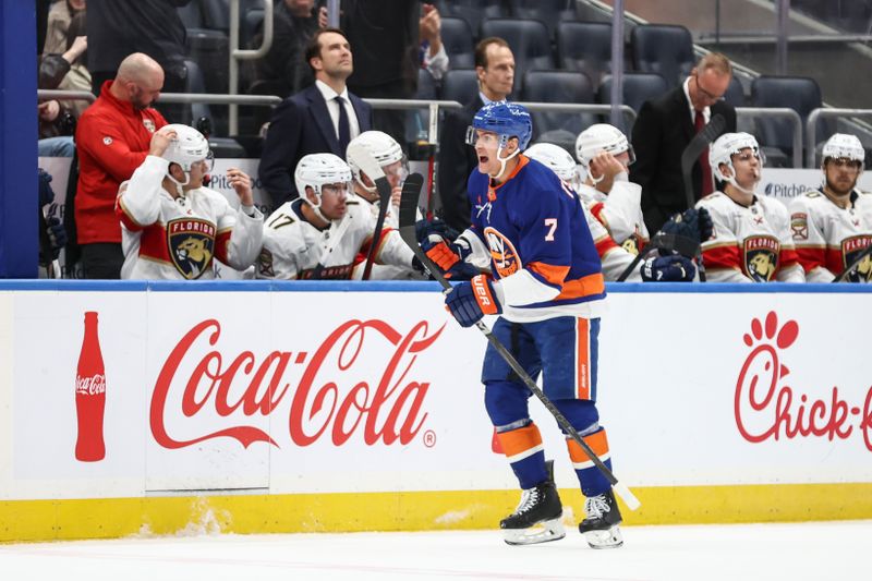 Mar 16, 2025; Elmont, New York, USA;  New York Islanders right wing Maxim Tsyplakov (7) celebrates after scoring a goal in the third period against the Florida Panthers at UBS Arena. Mandatory Credit: Wendell Cruz-Imagn Images