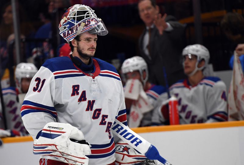 Dec 2, 2023; Nashville, Tennessee, USA; New York Rangers goaltender Igor Shesterkin (31) during the third period against the Nashville Predators at Bridgestone Arena. Mandatory Credit: Christopher Hanewinckel-USA TODAY Sports