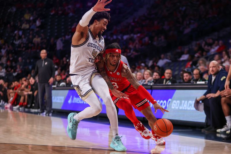 Feb 25, 2023; Atlanta, Georgia, USA; Georgia Tech Yellow Jackets forward Javon Franklin (4) defends Louisville Cardinals guard El Ellis (3) in the first half at McCamish Pavilion. Mandatory Credit: Brett Davis-USA TODAY Sports