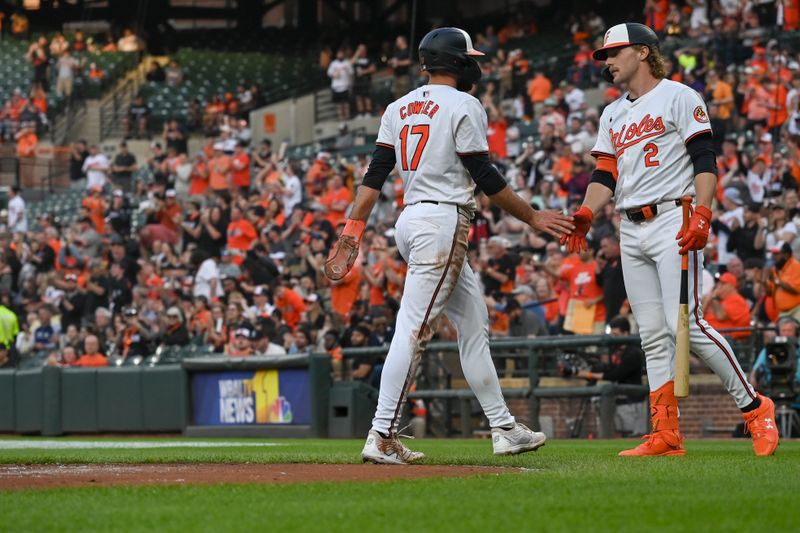 Apr 16, 2024; Baltimore, Maryland, USA;  Baltimore Orioles outfielder Colton Cowser (17) celebrates with  shortstop Gunnar Henderson (2) after scoring during the second inning against the Minnesota Twins at Oriole Park at Camden Yards. Mandatory Credit: Tommy Gilligan-USA TODAY Sports