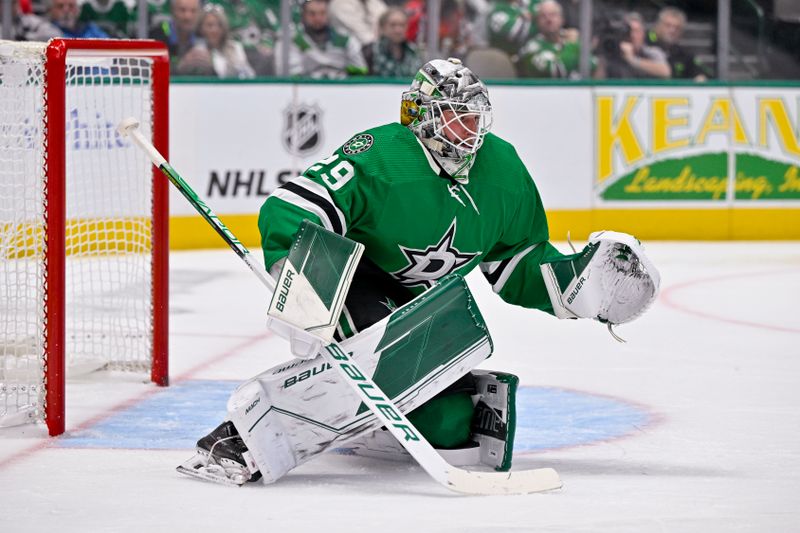 Oct 27, 2022; Dallas, Texas, USA; Dallas Stars goaltender Jake Oettinger (29) defends against the Washington Capitals attack during the third period at the American Airlines Center. Mandatory Credit: Jerome Miron-USA TODAY Sports