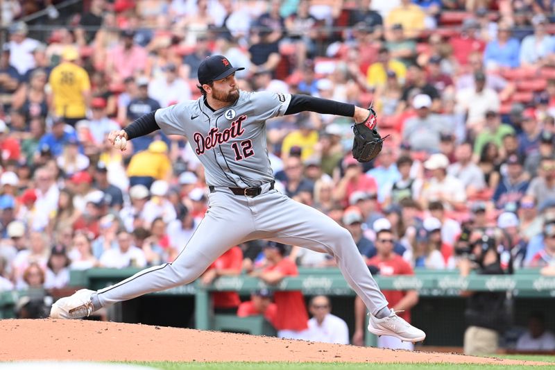 Jun 2, 2024; Boston, Massachusetts, USA;  Detroit Tigers starting pitcher Casey Mize (12) pitches against the Boston Red Sox during the fourth inning at Fenway Park. Mandatory Credit: Eric Canha-USA TODAY Sports