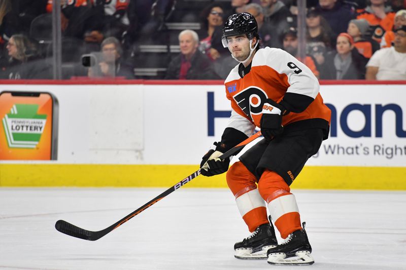 Jan 10, 2024; Philadelphia, Pennsylvania, USA; Philadelphia Flyers defenseman Jamie Drysdale (9) against the Montreal Canadiens during the second period at Wells Fargo Center. Mandatory Credit: Eric Hartline-USA TODAY Sports