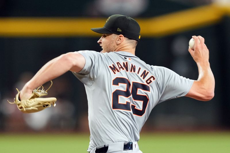 May 19, 2024; Phoenix, Arizona, USA; Detroit Tigers pitcher Matt Manning (25) during the first inning at Chase Field. Mandatory Credit: Joe Camporeale-USA TODAY Sports