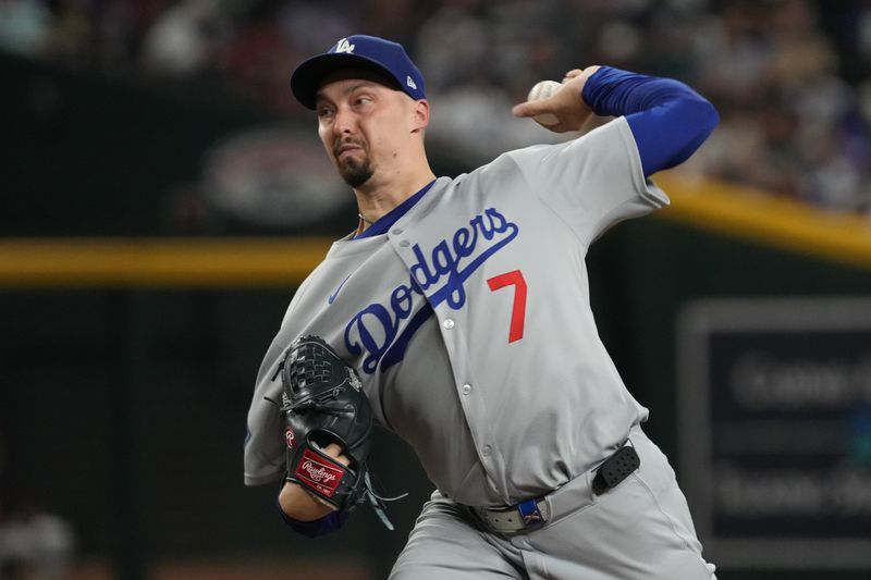 Sep 24, 2025; Phoenix, Arizona, USA; Los Angeles Dodgers pitcher Blake Snell (7) throws against the Arizona Diamondbacks in the first inning at Chase Field. Mandatory Credit: Rick Scuteri-Imagn Images