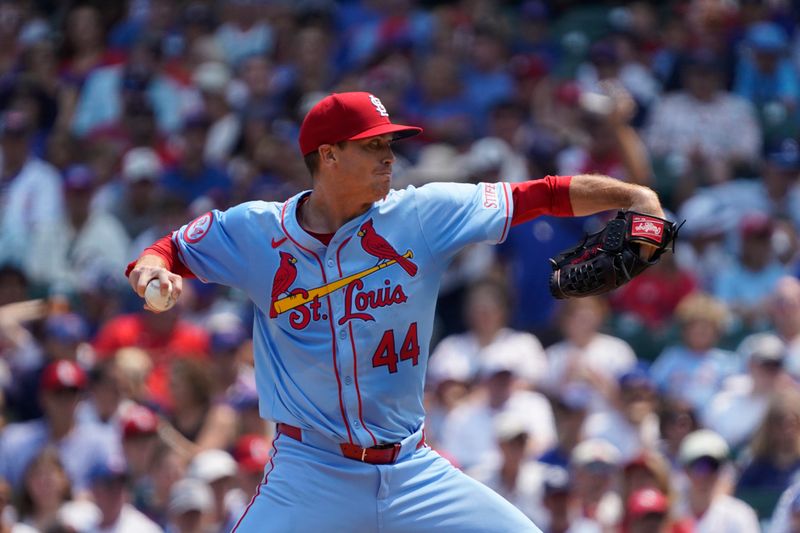 Aug 3, 2024; Chicago, Illinois, USA; St. Louis Cardinals pitcher Kyle Gibson (44) throws the ball against the Chicago Cubs during the first inning at Wrigley Field. Mandatory Credit: David Banks-USA TODAY Sports