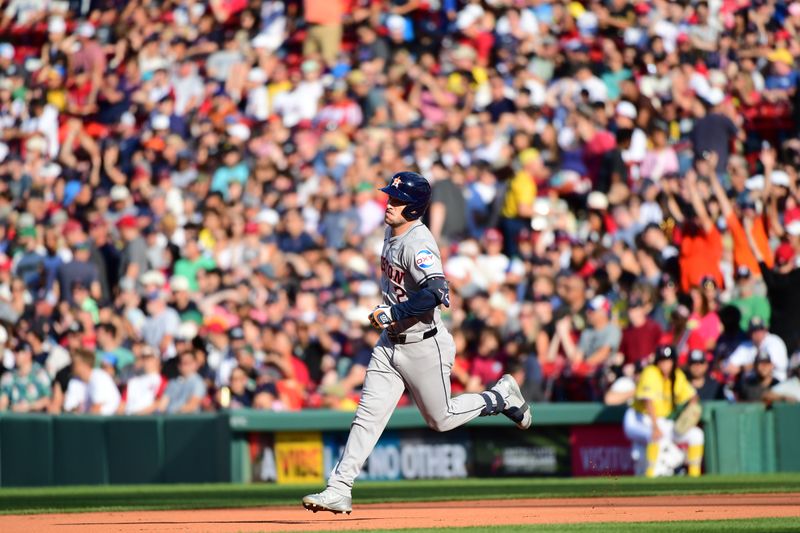 Aug 10, 2024; Boston, Massachusetts, USA;  Houston Astros third baseman Alex Bregman (2) rounds the bases after hitting a home run during the seventh inning against the Boston Red Sox at Fenway Park. Mandatory Credit: Bob DeChiara-USA TODAY Sports