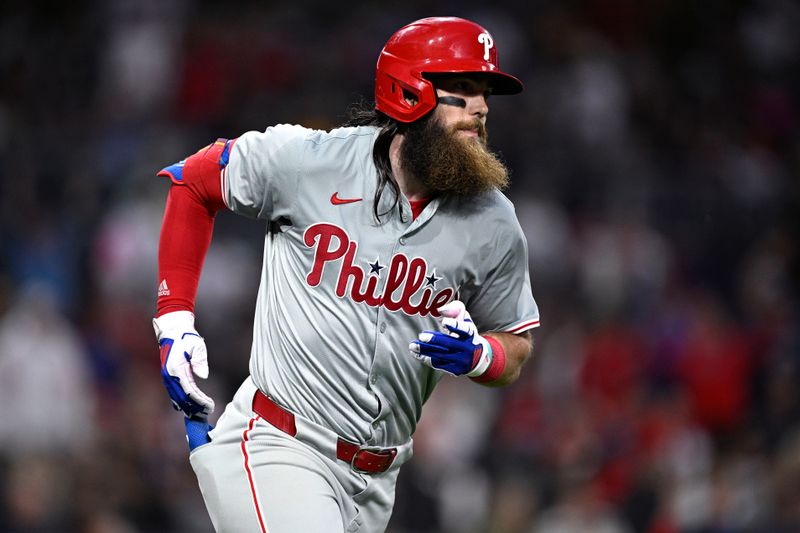 Apr 26, 2024; San Diego, California, USA; Philadelphia Phillies left fielder Brandon Marsh (16) rounds the bases after hitting a two-run home run against the San Diego Padres during the third inning at Petco Park. Mandatory Credit: Orlando Ramirez-USA TODAY Sports