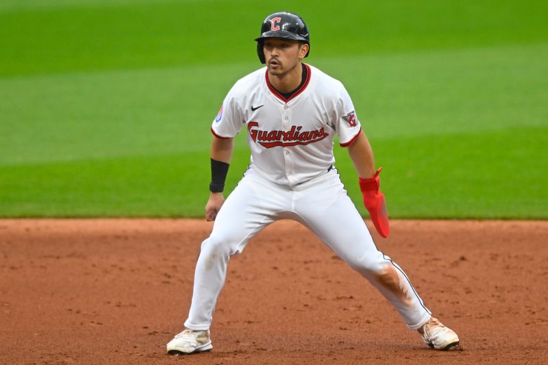May 13, 2025; Cleveland, Ohio, USA; Cleveland Guardians left fielder Steven Kwan (38) stands on the infield in the third inning against the Milwaukee Brewers at Progressive Field. Mandatory Credit: David Richard-Imagn Images