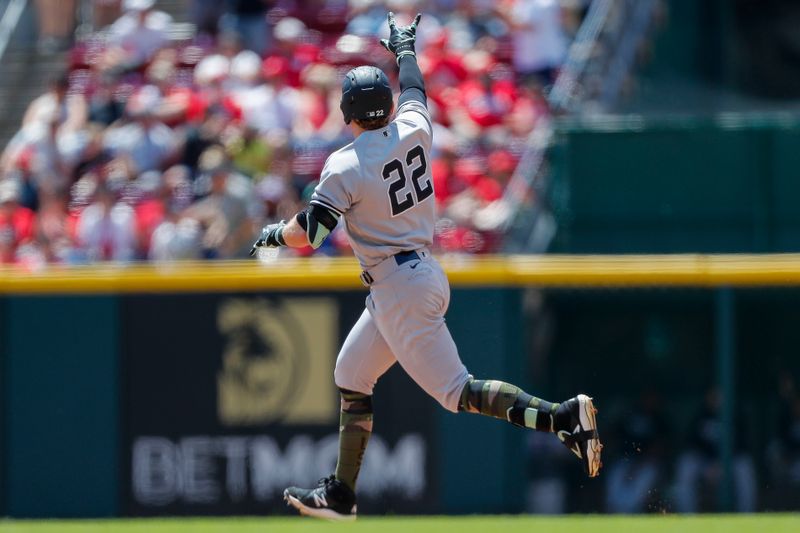 May 21, 2023; Cincinnati, Ohio, USA; New York Yankees center fielder Harrison Bader (22) reacts after hitting a two-run home run in the fifth inning against the Cincinnati Reds at Great American Ball Park. Mandatory Credit: Katie Stratman-USA TODAY Sports