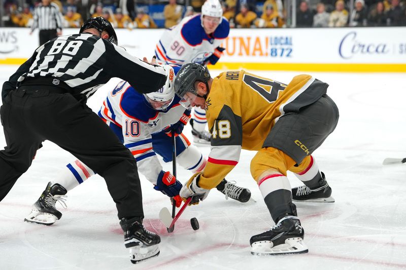 Dec 3, 2024; Las Vegas, Nevada, USA; Edmonton Oilers center Derek Ryan (10) faces off against Vegas Golden Knights center Tomas Hertl (48) during the first period at T-Mobile Arena. Mandatory Credit: Stephen R. Sylvanie-Imagn Images