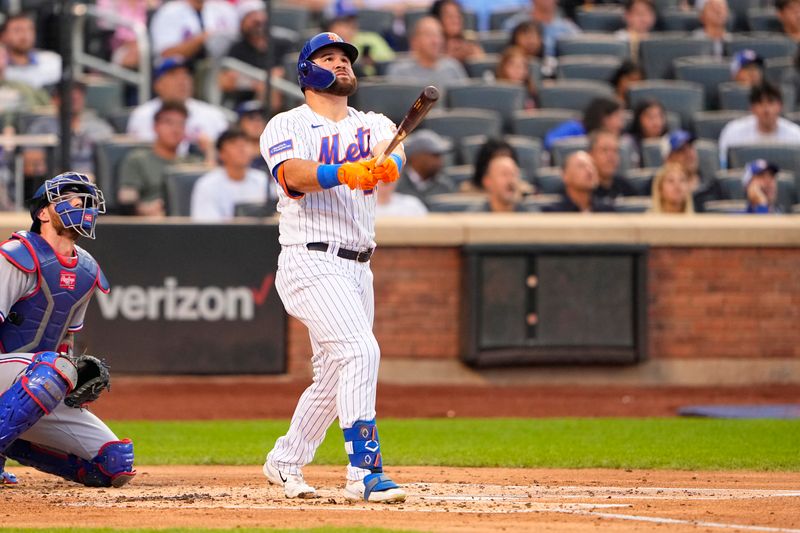 Aug 30, 2023; New York City, New York, USA;  New York Mets right fielder DJ Steward (29) watches his home run against the Texas Rangers during the second inning at Citi Field. Mandatory Credit: Gregory Fisher-USA TODAY Sports