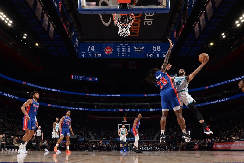 DETROIT, MI - MARCH 11:  Miles Bridges #0 of the Charlotte Hornets drives to the basket during the game against the Detroit Pistons on March 11, 2024 at Little Caesars Arena in Detroit, Michigan. NOTE TO USER: User expressly acknowledges and agrees that, by downloading and/or using this photograph, User is consenting to the terms and conditions of the Getty Images License Agreement. Mandatory Copyright Notice: Copyright 2024 NBAE (Photo by Chris Schwegler/NBAE via Getty Images)