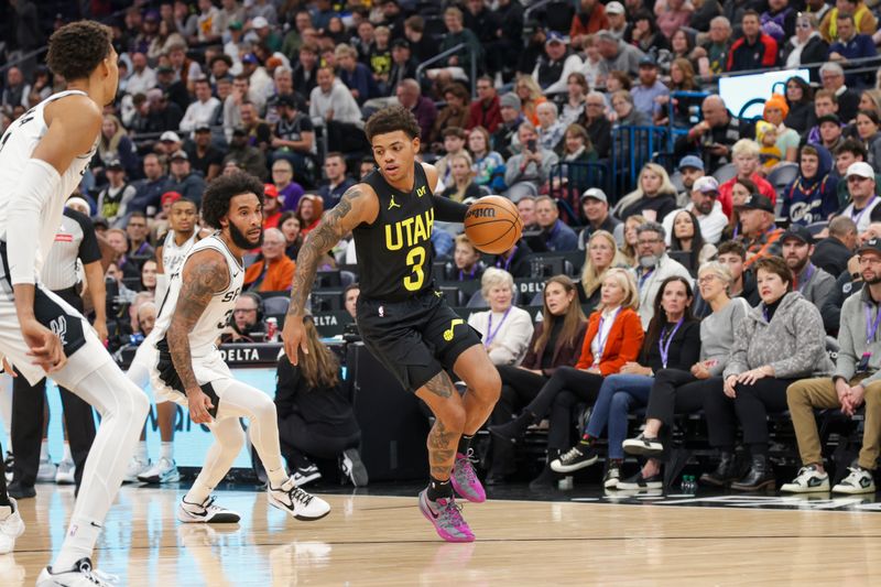 SALT LAKE CITY, UT - OCTOBER 31:  Keyonte George #3 of the Utah Jazz dribbles the ball during the game on October 31, 2024 at Delta Center in Salt Lake City, Utah. NOTE TO USER: User expressly acknowledges and agrees that, by downloading and or using this Photograph, User is consenting to the terms and conditions of the Getty Images License Agreement. Mandatory Copyright Notice: Copyright 2024 NBAE (Photo by Chris Nicoll/NBAE via Getty Images)