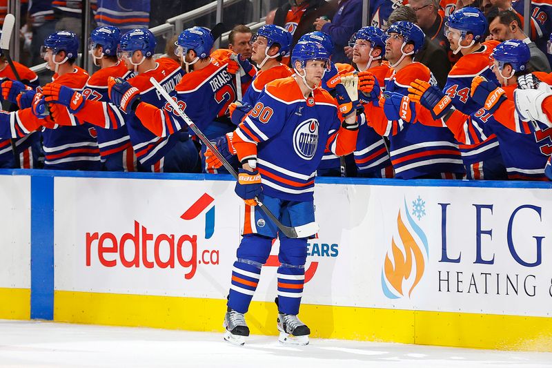 Nov 21, 2024; Edmonton, Alberta, CAN; The Edmonton Oilers celebrate a goal scored by forward Corey Perry (90) during the second period against the Minnesota Wild at Rogers Place. Mandatory Credit: Perry Nelson-Imagn Images