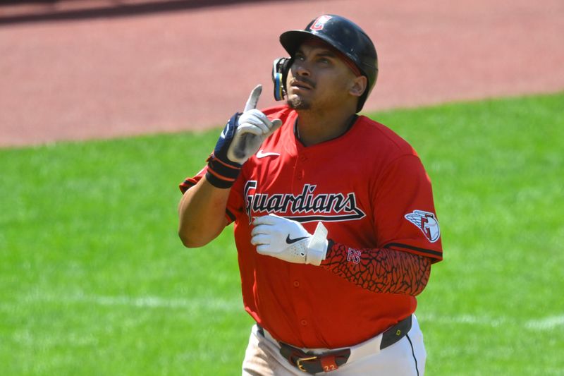 Jun 23, 2024; Cleveland, Ohio, USA; Cleveland Guardians first baseman Josh Naylor (22) celebrates his solo home run in the fourth inning against the Toronto Blue Jays at Progressive Field. Mandatory Credit: David Richard-USA TODAY Sports