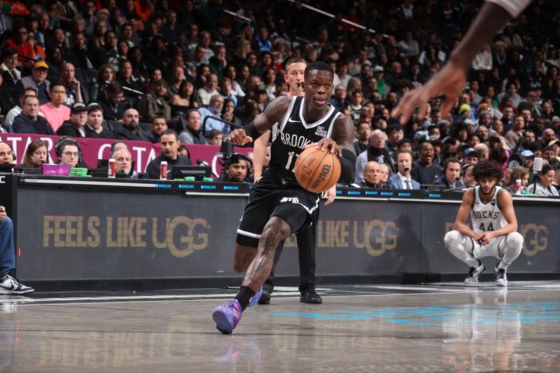 BROOKLYN, NY - DECEMBER 8: Dennis Schroder #17 of the Brooklyn Nets dribbles the ball during the game against the Milwaukee Bucks on December 8, 2024 at Barclays Center in Brooklyn, New York. NOTE TO USER: User expressly acknowledges and agrees that, by downloading and or using this Photograph, user is consenting to the terms and conditions of the Getty Images License Agreement. Mandatory Copyright Notice: Copyright 2024 NBAE (Photo by Nathaniel S. Butler/NBAE via Getty Images)