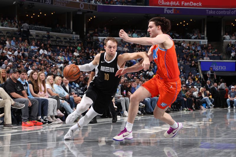 MEMPHIS, TN - MARCH 16: Luke Kennard #10 of the Memphis Grizzlies handles the ball during the game against the Oklahoma City Thunder on March 16, 2024 at FedExForum in Memphis, Tennessee. NOTE TO USER: User expressly acknowledges and agrees that, by downloading and or using this photograph, User is consenting to the terms and conditions of the Getty Images License Agreement. Mandatory Copyright Notice: Copyright 2024 NBAE (Photo by Joe Murphy/NBAE via Getty Images)