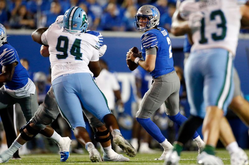 Oct 13, 2023; Memphis, Tennessee, USA; Memphis Tigers quarterback Seth Henigan (2) drops back to pass during the first half against the Tulane Green Wave at Simmons Bank Liberty Stadium. Mandatory Credit: Petre Thomas-USA TODAY Sports