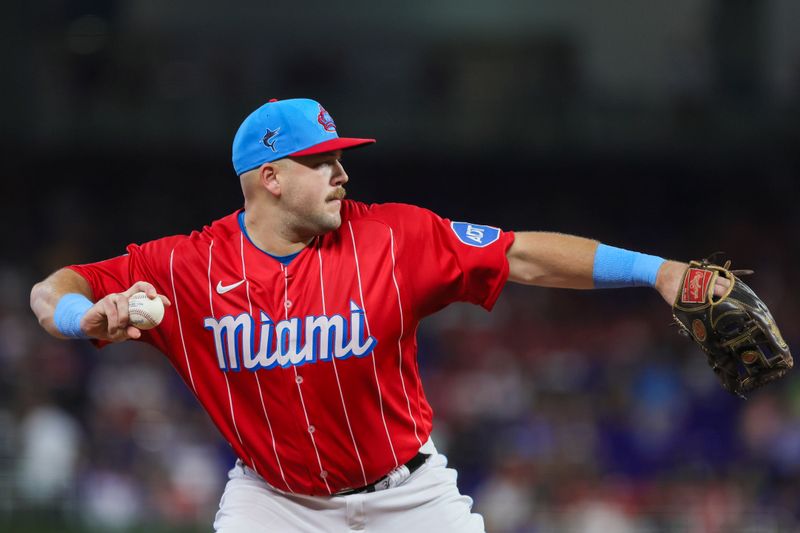 Sep 16, 2023; Miami, Florida, USA; Miami Marlins third baseman Jake Burger (36) throws to first base to retire Atlanta Braves catcher Sean Murphy (not pictured) during the first inning at loanDepot Park. Mandatory Credit: Sam Navarro-USA TODAY Sports