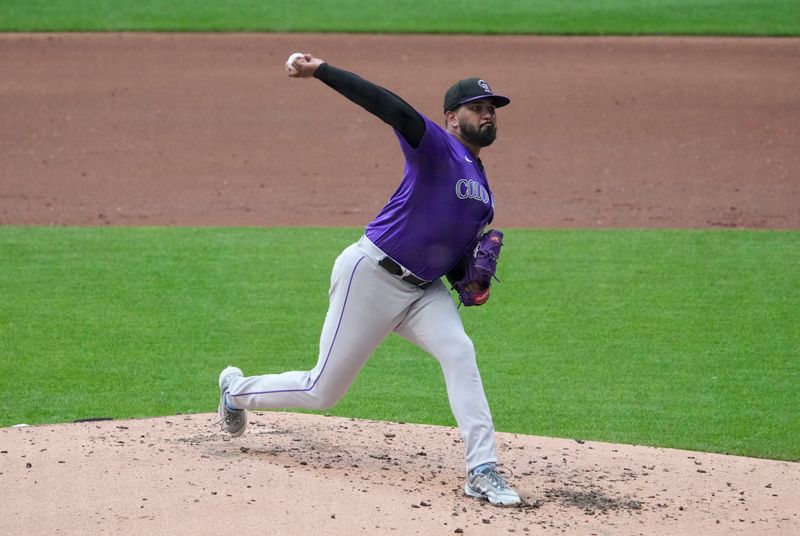 Jun 29, 2025; Milwaukee, Wisconsin, USA; Colorado Rockies pitcher Germán Márquez (48) delivers a pitch against the Milwaukee Brewers in the second inning at American Family Field. Mandatory Credit: Michael McLoone-Imagn Images