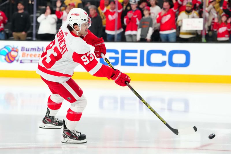 Mar 9, 2024; Las Vegas, Nevada, USA; Detroit Red Wings right wing Alex DeBrincat (93) warms up before a game against the Vegas Golden Knights at T-Mobile Arena. Mandatory Credit: Stephen R. Sylvanie-USA TODAY Sports