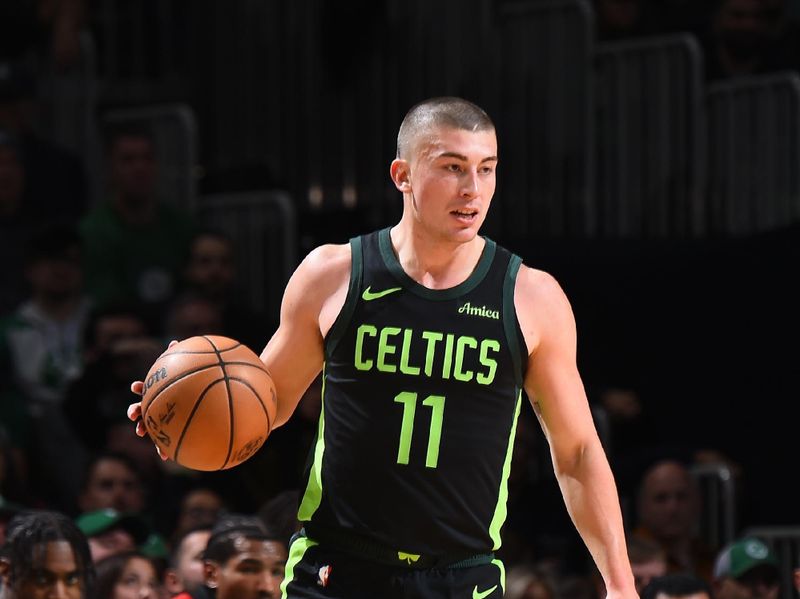 BOSTON, MA - NOVEMBER 16: Payton Pritchard #11 of the Boston Celtics dribbles the ball during the game against the Toronto Raptors on November 16, 2024 at TD Garden in Boston, Massachusetts. NOTE TO USER: User expressly acknowledges and agrees that, by downloading and/or using this Photograph, user is consenting to the terms and conditions of the Getty Images License Agreement. Mandatory Copyright Notice: Copyright 2024 NBAE (Photo by Brian Babineau/NBAE via Getty Images)