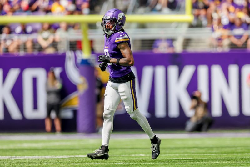 Minnesota Vikings wide receiver Trishton Jackson (9) in action against the Arizona Cardinals during the first half of an NFL preseason football game Saturday, Aug. 26, 2023 in Minneapolis. (AP Photo/Stacy Bengs)