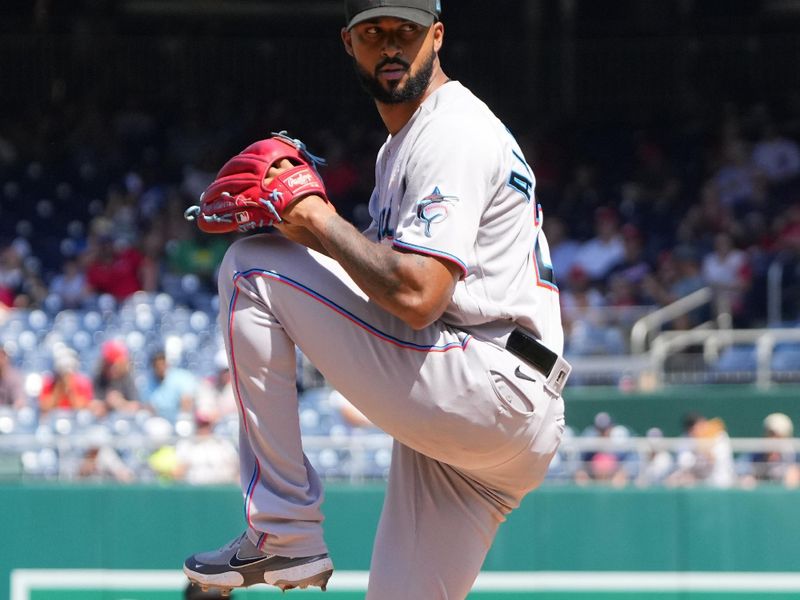 Sep 3, 2023; Washington, District of Columbia, USA;  Miami Marlins pitcher Sandy Alcantara (22) delivers a pitch against the Washington Nationals during the first inning at Nationals Park. Mandatory Credit: Gregory Fisher-USA TODAY Sports