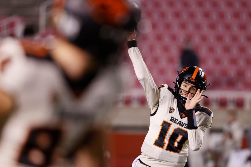 Dec 5, 2020; Salt Lake City, Utah, USA; Oregon State Beavers quarterback Chance Nolan (10) warms up prior to their game against the Utah Utes at Rice-Eccles Stadium. Mandatory Credit: Jeffrey Swinger-USA TODAY Sports