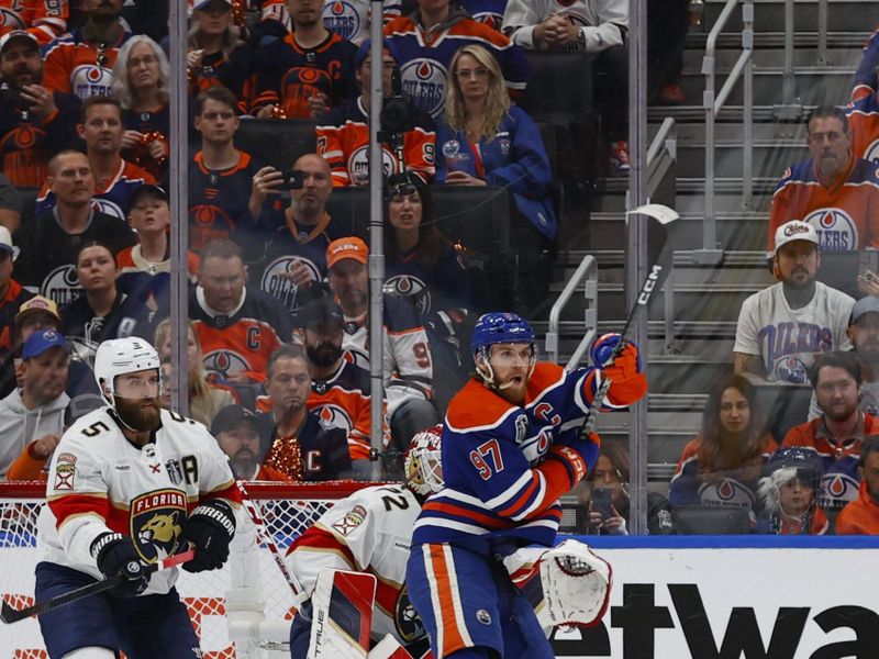 Jun 13, 2024; Edmonton, Alberta, CAN; Edmonton Oilers center Connor McDavid (97) reacts in the first period against the Florida Panthers in game three of the 2024 Stanley Cup Final at Rogers Place. Mandatory Credit: Perry Nelson-USA TODAY Sports