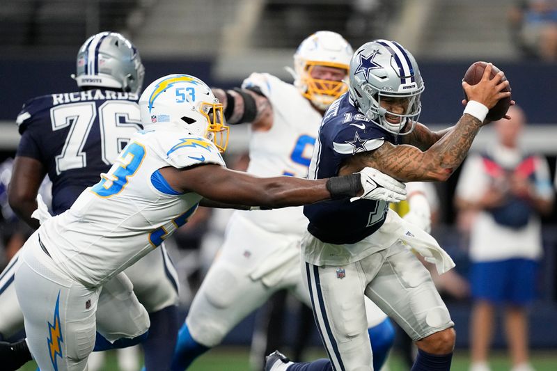 Dallas Cowboys quarterback Trey Lance, right, is sacked by Los Angeles Chargers linebacker Chris Collins (53) during the first half of a preseason NFL football game, Saturday, Aug. 24, 2024, in Arlington, Texas.(AP Photo/Tony Gutierrez )