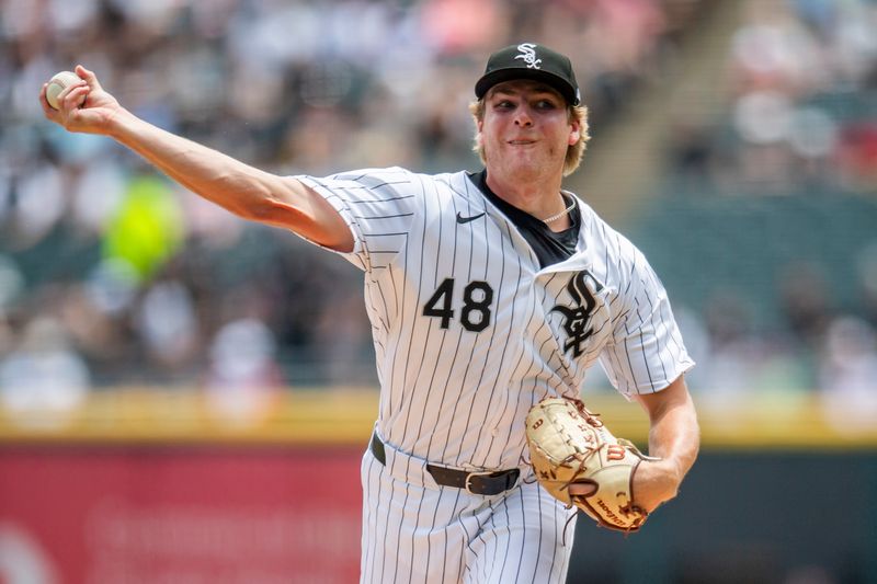 Jun 29, 2024; Chicago, Illinois, USA; Chicago White Sox starting pitcher Jonathan Cannon (48) pitches during the first inning against the Colorado Rockies at Guaranteed Rate Field. Mandatory Credit: Patrick Gorski-USA TODAY Sports