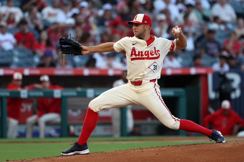 Aug 2, 2024; Anaheim, California, USA;  Los Angeles Angels starting pitcher Tyler Anderson (31) pitches during the second inning against the New York Mets at Angel Stadium. Mandatory Credit: Kiyoshi Mio-USA TODAY Sports