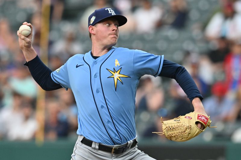 Sep 3, 2023; Cleveland, Ohio, USA; Tampa Bay Rays relief pitcher Pete Fairbanks (29) throws a pitch during the ninth inning against the Cleveland Guardians at Progressive Field. Mandatory Credit: Ken Blaze-USA TODAY Sports