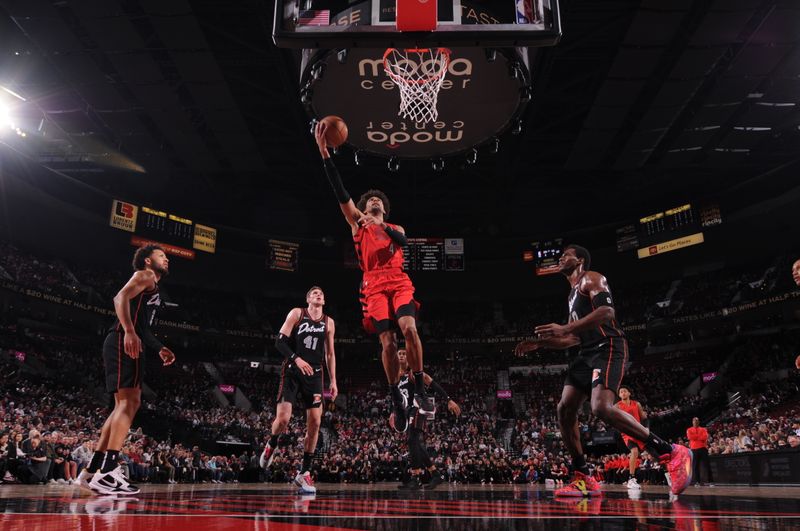 PORTLAND, OR - FEBRUARY 8: Matisse Thybulle #4 of the Portland Trail Blazers shoots the ball during the game against the Detroit Pistons on February 8, 2024 at the Moda Center Arena in Portland, Oregon. NOTE TO USER: User expressly acknowledges and agrees that, by downloading and or using this photograph, user is consenting to the terms and conditions of the Getty Images License Agreement. Mandatory Copyright Notice: Copyright 2024 NBAE (Photo by Cameron Browne/NBAE via Getty Images)