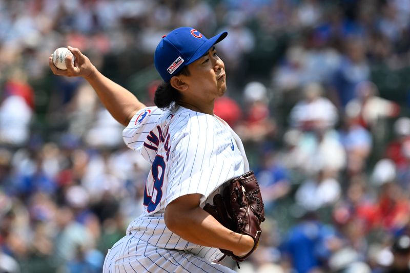 Jun 15, 2024; Chicago, Illinois, USA;  Chicago Cubs pitcher Shota Imanaga (18) delivers a pitch during the first inning against the St. Louis Cardinals at Wrigley Field. Mandatory Credit: Matt Marton-USA TODAY Sports