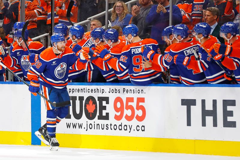 Oct 15, 2024; Edmonton, Alberta, CAN; The Edmonton Oilers celebrate a goal scored by forward Connor Brown (28) during the second period against the Philadelphia Flyers at Rogers Place. Mandatory Credit: Perry Nelson-Imagn Images