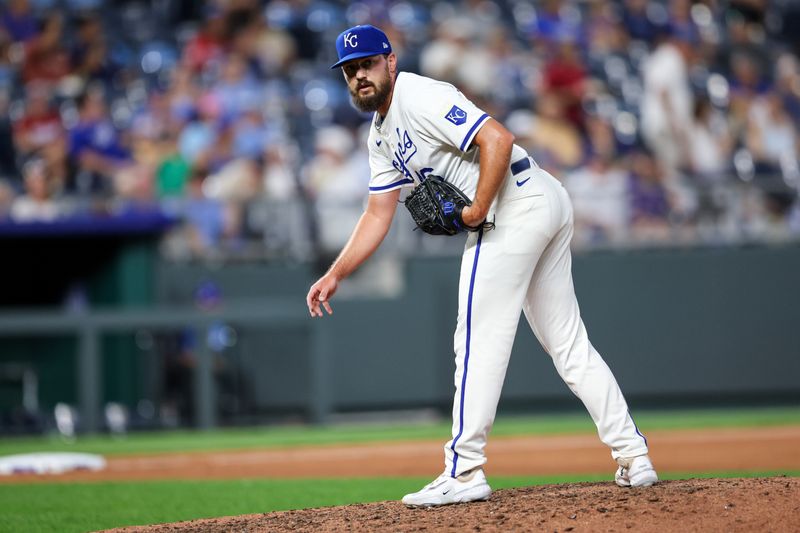 Jun 24, 2024; Kansas City, Missouri, USA; Kansas City Royals pitcher John Schreiber (46) on the mound during the eighth inning against the Miami Marlins at Kauffman Stadium. Mandatory Credit: William Purnell-USA TODAY Sports