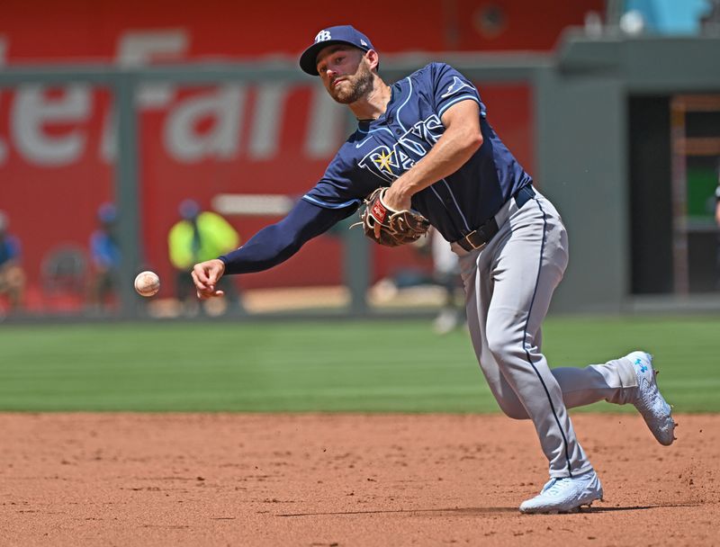Jun 26, 2025; Kansas City, Missouri, USA;  Tampa Bay Rays second base Brandon Lowe (8) throws to first base for an out in the sixth inning against the Kansas City Royals at Kauffman Stadium. Mandatory Credit: Peter Aiken-Imagn Images