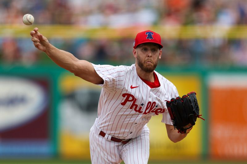 Mar 5, 2024; Clearwater, Florida, USA;  Philadelphia Phillies starting pitcher Zack Wheeler (45) throws a pitch against the Baltimore Orioles in the second inning at BayCare Ballpark. Mandatory Credit: Nathan Ray Seebeck-USA TODAY Sports