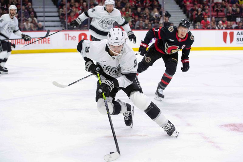 Oct 14, 2024; Ottawa, Ontario, CAN; Los Angeles Kings right wing Adrian Kempe (9) skates with the puck in the first period against the Ottawa Senators at the Canadian Tire Centre. Mandatory Credit: Marc DesRosiers-Imagn Images