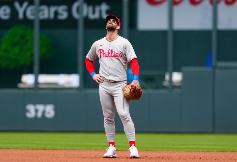 May 22, 2025; Denver, Colorado, USA; Philadelphia Phillies first baseman Bryce Harper (3) looks up in the first inning against the Colorado Rockies at Coors Field. Mandatory Credit: Ron Chenoy-Imagn Images