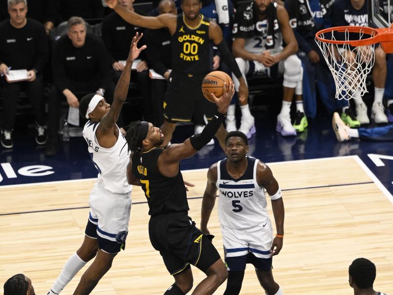 MINNEAPOLIS, MN -  MAY 6: Buddy Hield #7 of the Golden State Warriors drives to the basket during the game against the Minnesota Timberwolves during Round Two Game One of the 2025 NBA Playoffs  on May 6, 2025 at Target Center in Minneapolis, Minnesota. NOTE TO USER: User expressly acknowledges and agrees that, by downloading and or using this Photograph, user is consenting to the terms and conditions of the Getty Images License Agreement. Mandatory Copyright Notice: Copyright 2025 NBAE (Photo by David Dow/NBAE via Getty Images)
