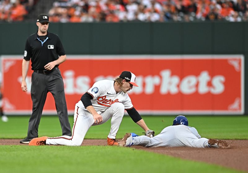Oct 1, 2024; Baltimore, Maryland, USA; Baltimore Orioles shortstop Gunnar Henderson (2) tags out Kansas City Royals shortstop Bobby Witt Jr. (7) on a stolen base attempt in the sixth inning in game one of the Wild Card round for the 2024 MLB Playoffs at Oriole Park at Camden Yards. Mandatory Credit: Tommy Gilligan-Imagn Images