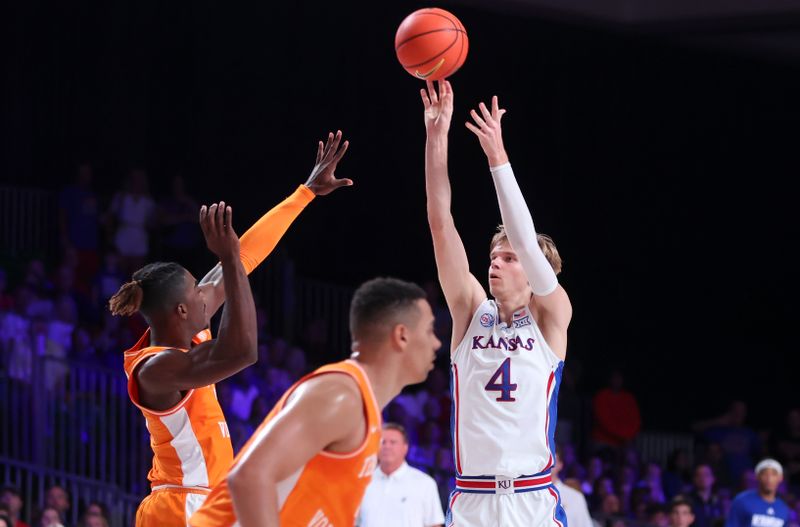 Nov 25, 2022; Paradise Island, BAHAMAS; Kansas Jayhawks guard Gradey Dick (4) shoots against the Tennessee Volunteers during the first half at Imperial Arena. Mandatory Credit: Kevin Jairaj-USA TODAY Sports