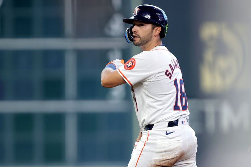 Jun 15, 2024; Houston, Texas, USA; Houston Astros catcher Cesar Salazar (18) reacts after hitting an RBI double against the Detroit Tigers during the seventh inning at Minute Maid Park. Mandatory Credit: Erik Williams-USA TODAY Sports