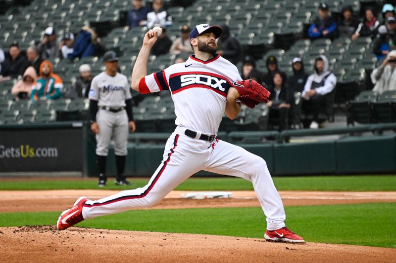 Jun 11, 2023; Chicago, Illinois, USA;  Chicago White Sox starting pitcher Lucas Giolito (27) delivers against the Miami Marlins during the first inning at Guaranteed Rate Field. Mandatory Credit: Matt Marton-USA TODAY Sports