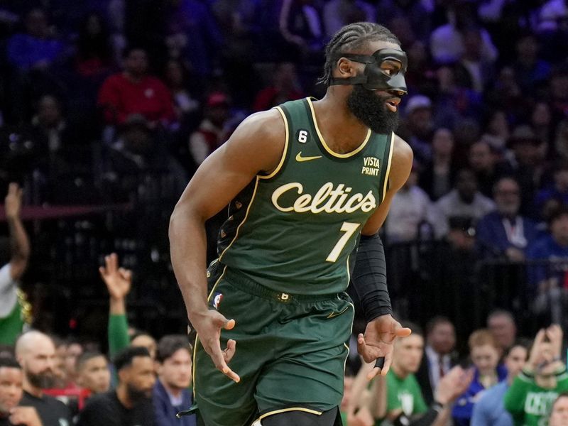 PHILADELPHIA, PA - FEBRUARY 25: Jaylen Brown #7 of the Boston Celtics looks on during the game against the Philadelphia 76ers on February 25, 2023 at the Wells Fargo Center in Philadelphia, Pennsylvania NOTE TO USER: User expressly acknowledges and agrees that, by downloading and/or using this Photograph, user is consenting to the terms and conditions of the Getty Images License Agreement. Mandatory Copyright Notice: Copyright 2023 NBAE (Photo by Jesse D. Garrabrant/NBAE via Getty Images)